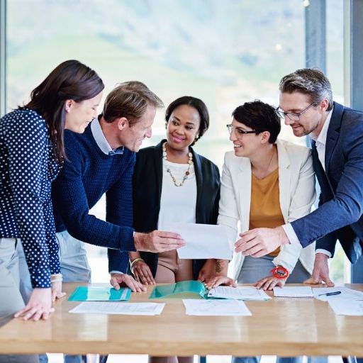 Collaboration, Happy and People with Paperwork, Boardroom